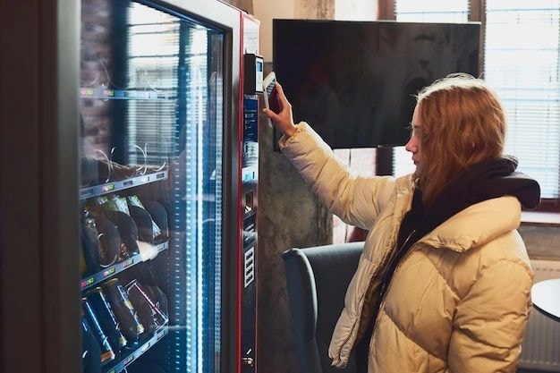 Woman using a modern vending machine with contactless payment